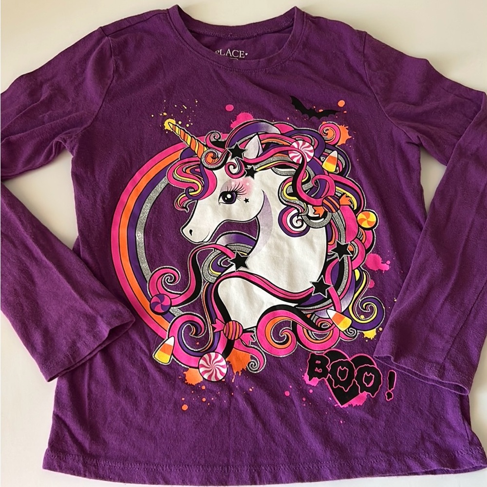🎃 Colorful Halloween Candy Silver Glitter Purple Long Sleeve Unicorn Shirt